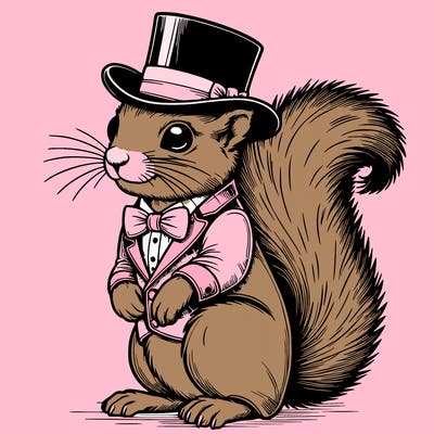 realistic squirrel wearing fancy suit and top hat