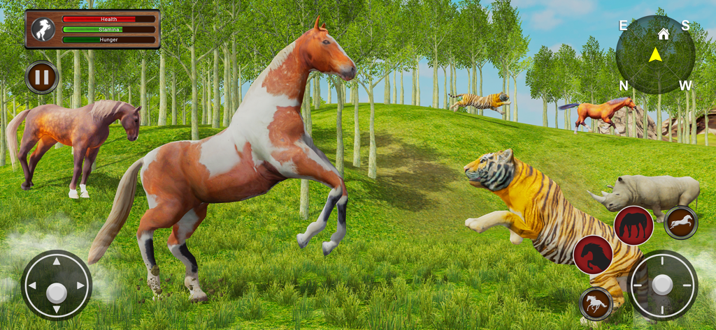 Wild Horse Simulator 3D - A brown and white horse rearing up to fight a tiger in a 3D forest environment.