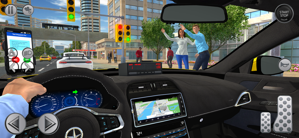 Grab City Taxi: Car Games 3D - Vista interior en primera persona de un juego de simulación de taxis con gráficos 3D de la ciudad y pasajeros haciendo señas para un viaje