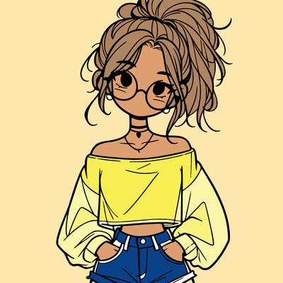 girl with a messy ponytail glasses a baggy crop top and jean shorts