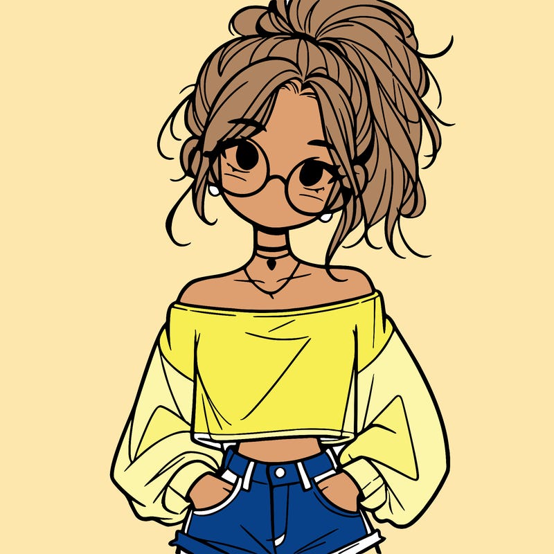 girl with a messy ponytail glasses a baggy crop top and jean shorts