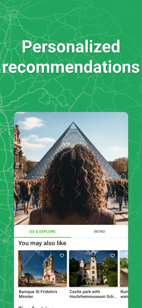 SmartGuide travel guide & map - SmartGuide app interface showing personalized travel recommendations and landmark suggestions