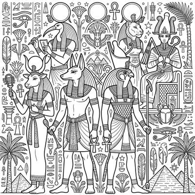 Step into the captivating world of Ancient Egypt with this intricate coloring page featuring powerful gods and goddesses. Bring to life iconic figures like Anubis, Horus, and Hathor amidst a stunning backdrop of hieroglyphs and sacred symbols.