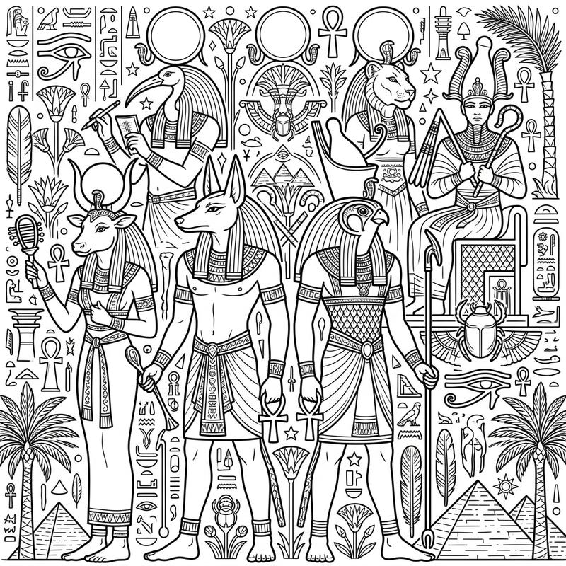 Step into the captivating world of Ancient Egypt with this intricate coloring page featuring powerful gods and goddesses. Bring to life iconic figures like Anubis, Horus, and Hathor amidst a stunning backdrop of hieroglyphs and sacred symbols.