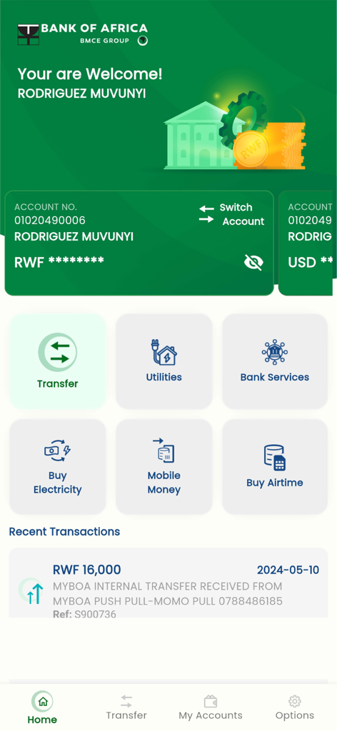 MyBOA - RWANDA - Panel de inicio de la aplicación MyBOA Ruanda mostrando el saldo de la cuenta y acceso rápido a transferencias, servicios públicos y billetera móvil.