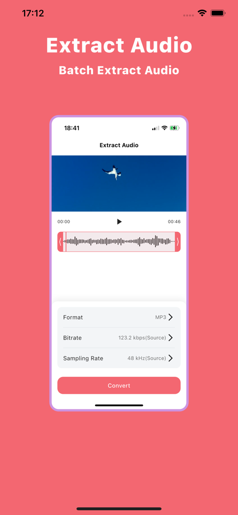 Audio Editor | MP3 Converter - Interfaz de la aplicación Editor de Audio mostrando la función de extracción de audio de video a formato MP3