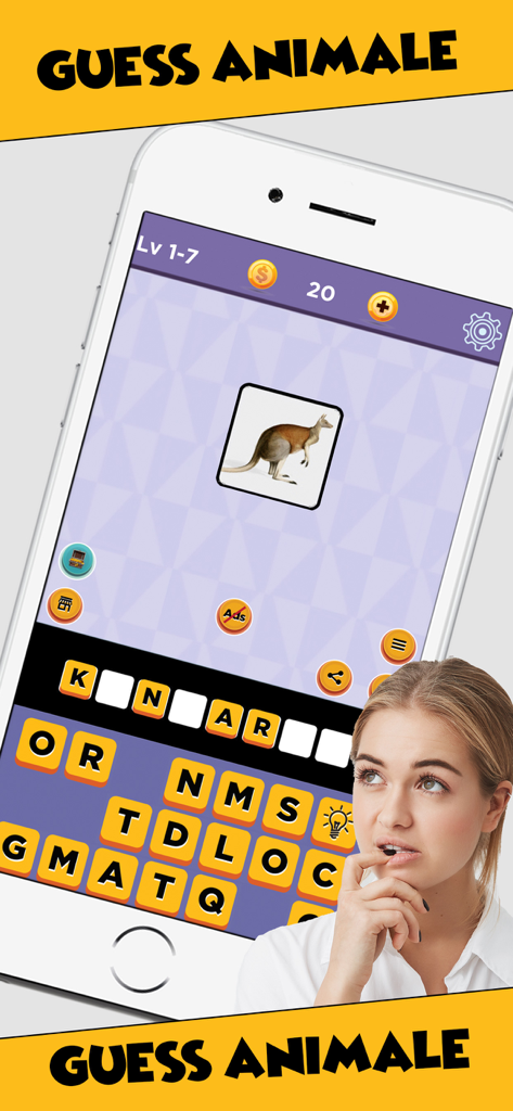 Guess the Pictures - Logo Quiz - A woman solving a guess the animal trivia level with a kangaroo picture in the Guess the Pictures Logo Quiz game