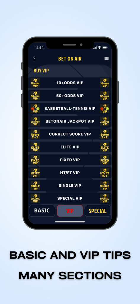 Bet On Air mobile app showing different categories of VIP sports betting tips