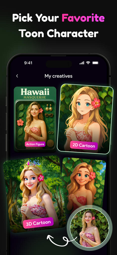 Cartoon Me app interface displaying a selfie transformed into various artistic styles including 2D cartoon, 3D cartoon, and action figure.