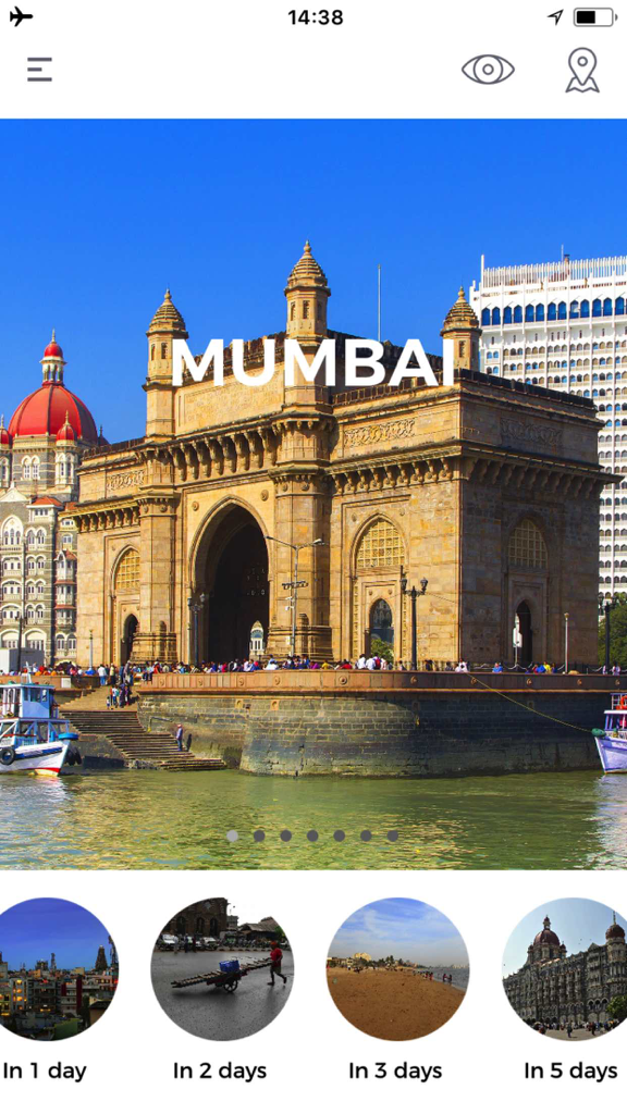 Mumbai Travel Guide Offline - Mumbai Travel Guide app interface showing daily itineraries and the Gateway of India.