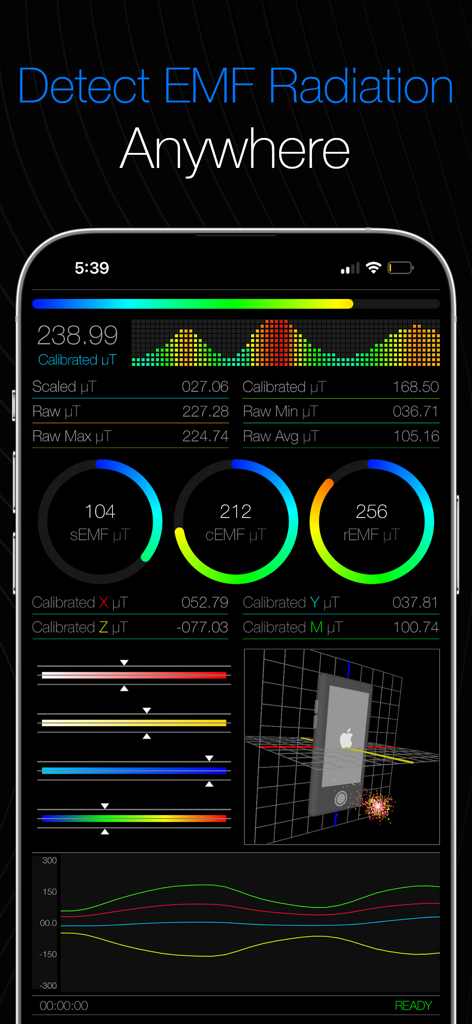 TeslaVision EMF Detector - Interfaccia dell'app TeslaVision EMF Detector che mostra misurazioni delle radiazioni in tempo reale e visualizzazione 3D.