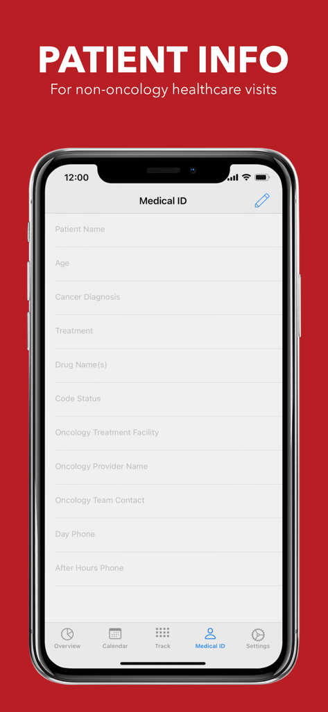 My Cancer Tracker - A mobile screen showing the Medical ID form with patient details for emergency medical information