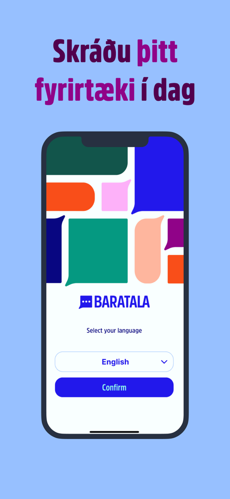 Bara tala - Bara tala app interface for selecting English language and registering a company for Icelandic lessons.