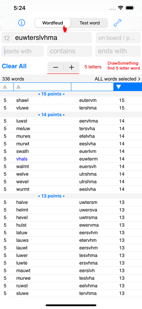 NL Woordvinder Wordfeud - NL Woordvinder app interface showing a list of 5-letter words sorted by game points.