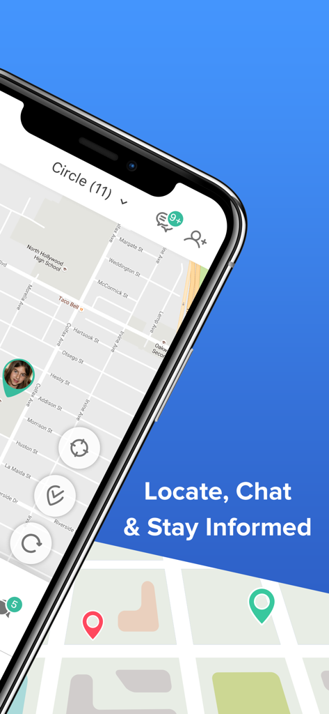 Real time family tracking map with location circles and chat features