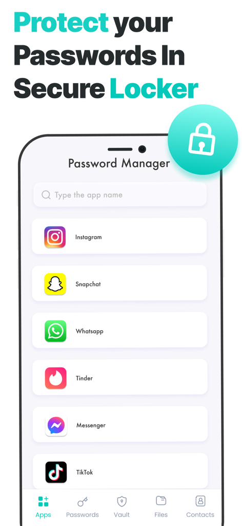 App Lock, Hide Passwords Apps - Instagram Snapchat Tinderなどのソーシャルメディアやデートアイコンを備えたApp Lockアプリのパスワードマネージャー機能を示すスマートフォンインターフェイス。