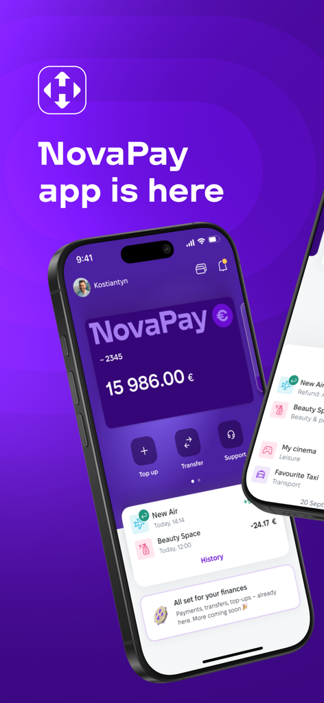 NovaPay: Payment Systems - NovaPay mobile app dashboard on an iPhone showing a Euro account balance and recent financial transactions