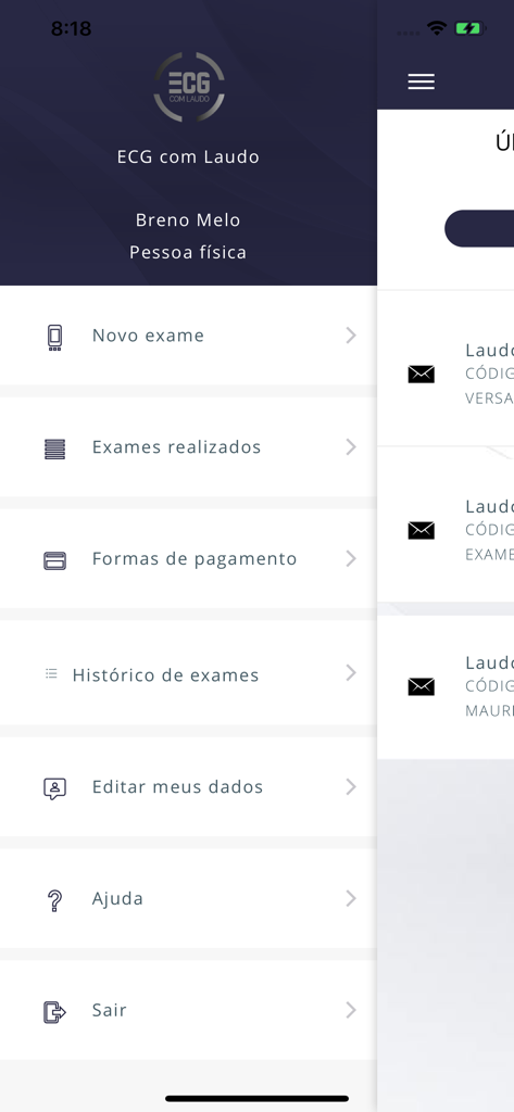 ECG com Laudo - Painel do aplicativo ECG com Laudo apresentando menu de navegação do usuário com opções para novos exames e histórico médico