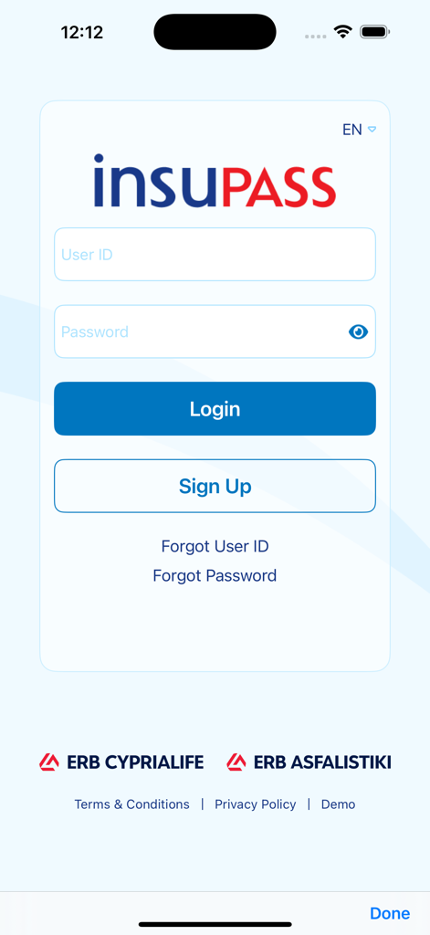 사용자 ID 및 비밀번호 입력란이 있는 Insupass 보험 포털 로그인 화면