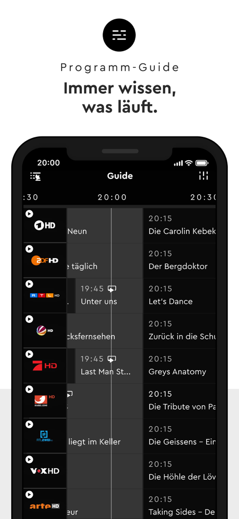 HD+ - Ein mobiler Bildschirm, der den deutschen TV-Programmführer von HD plus mit Senderlogos und Sendezeiten anzeigt