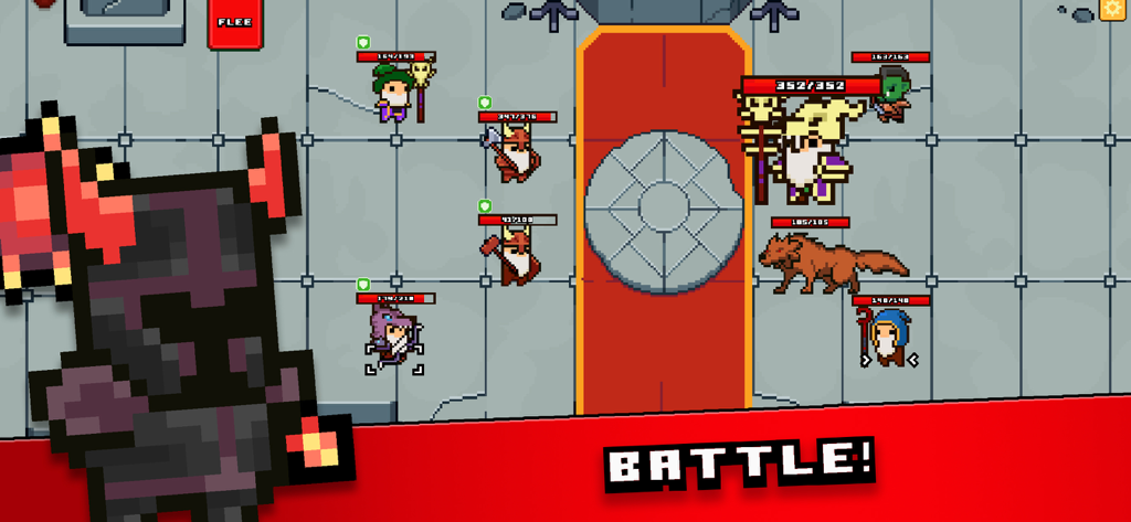 Pixel Tribe - Escena de batalla pixelada por turnos en Pixel Tribe Viking Kingdom, con varios personajes y barras de salud.