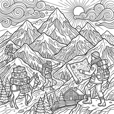 Discover the beauty of snow-capped mountains and the excitement of a vacation journey in this engaging coloring template. Perfect for adventurers and nature enthusiasts alike, ready to be brought to life with color.