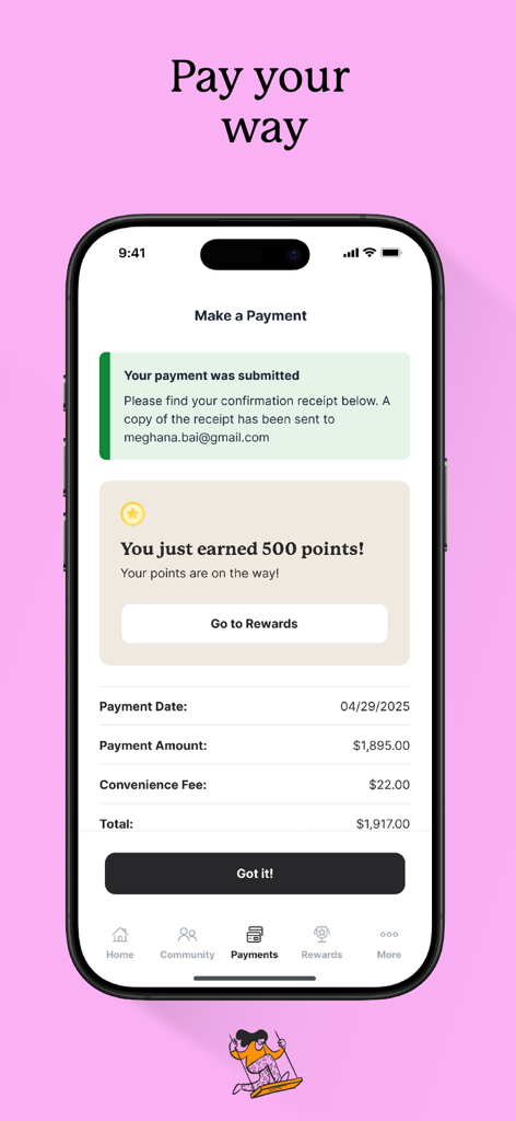 LOFT Living - L'app mobile LOFT Living mostra una schermata di conferma del pagamento dell'affitto e punti fedeltà premiati