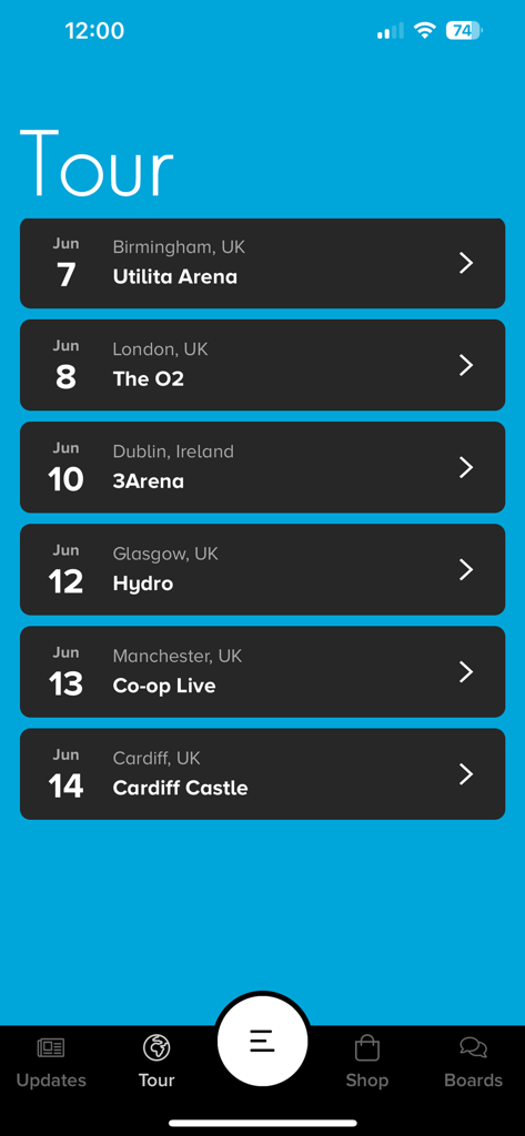 Weezer Fan Club - Weezer Fan Club app displaying a list of upcoming tour dates in the UK and Ireland