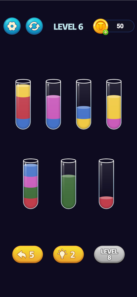 SortPuz gameplay screen showing test tubes filled with layered colorful liquids for a water sorting puzzle