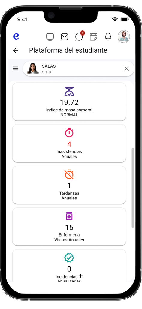 Mobile dashboard of the Edusoft student platform showing student statistics including attendance and health records