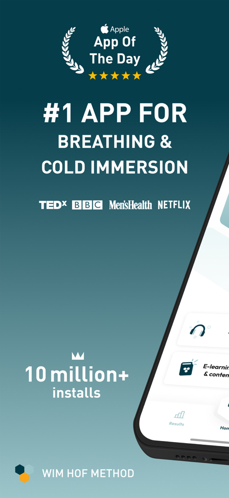 Wim Hof Method app for breathing and cold immersion featuring Apple App of the Day award and over ten million installs