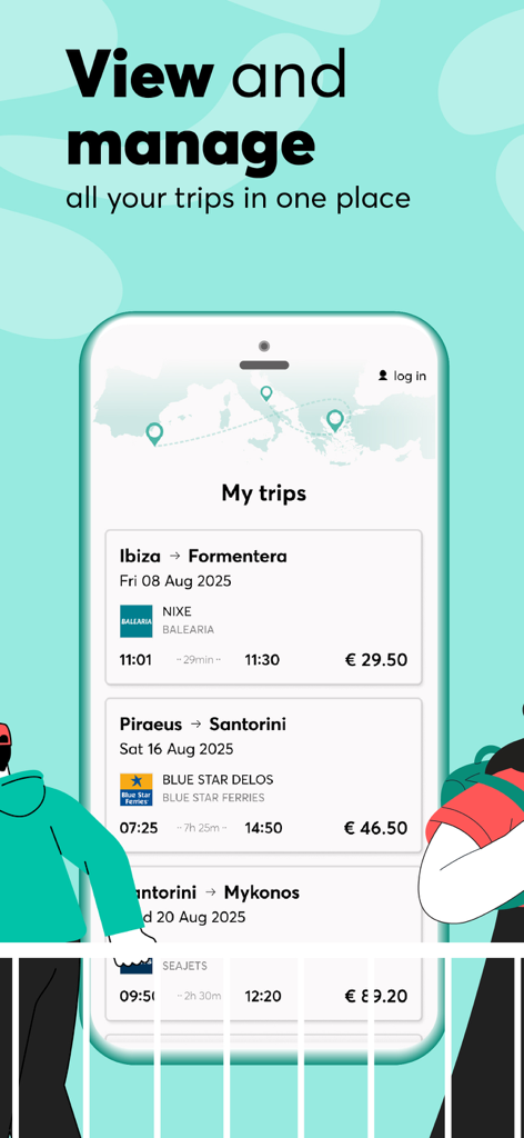 Ferryhopper - Una pantalla móvil que muestra la función de gestión de viajes de la aplicación Ferryhopper con rutas de ferry reservadas en Grecia y España