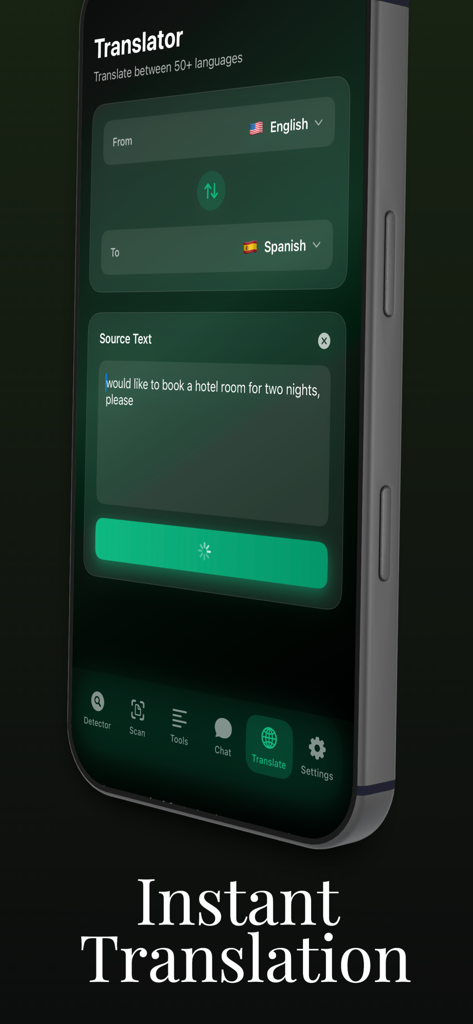 GPTzero AI humanize Detector - Mobile app interface showing the instant translation feature from English to Spanish