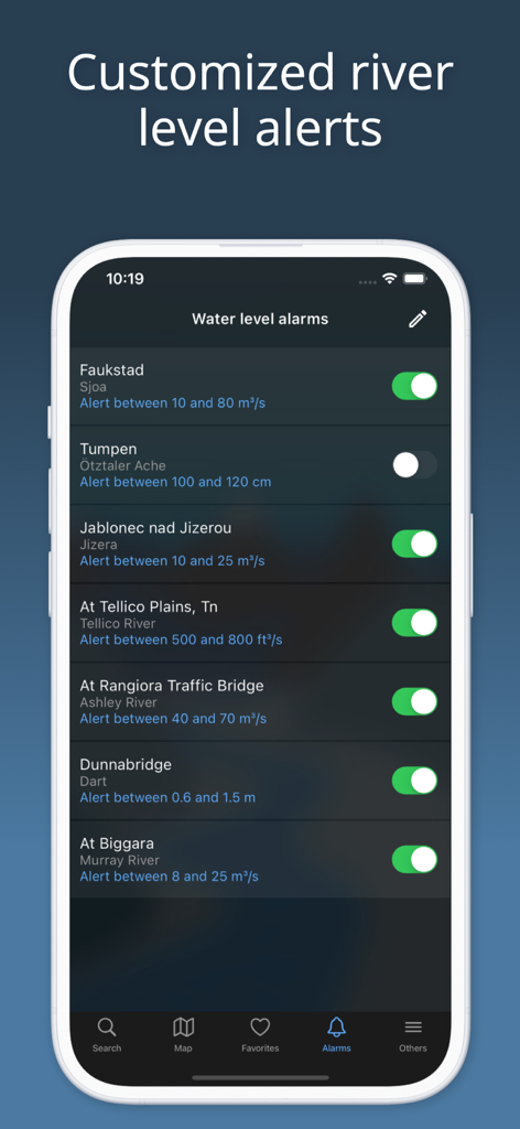 RiverApp - River levels - Interface of the RiverApp showing customized water level alerts for different rivers