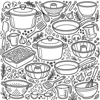 Dive into the heart of the home with this intricate coloring page showcasing a wide array of cookware and bakeware. Perfect for foodies and aspiring chefs, this design offers a delightful challenge for all skill levels.