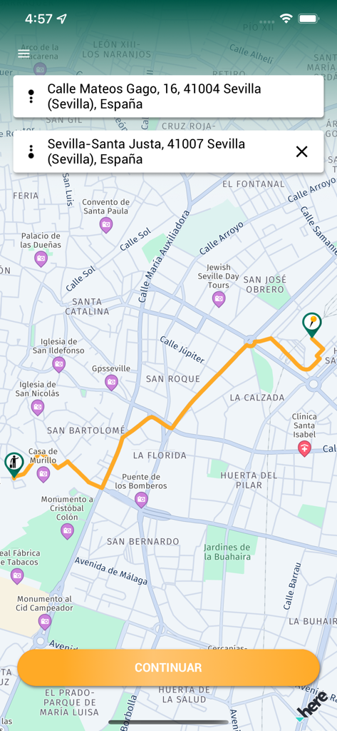 1Taxi! - 1Taxi app screen showing a taxi booking route from Calle Mateos Gago to Santa Justa train station in Seville Spain