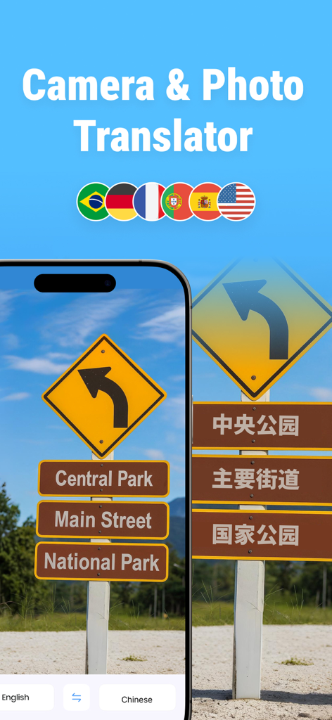 Schermata dell'app mobile che mostra la funzione di traduzione con fotocamera che traduce segnali stradali cinesi in inglese