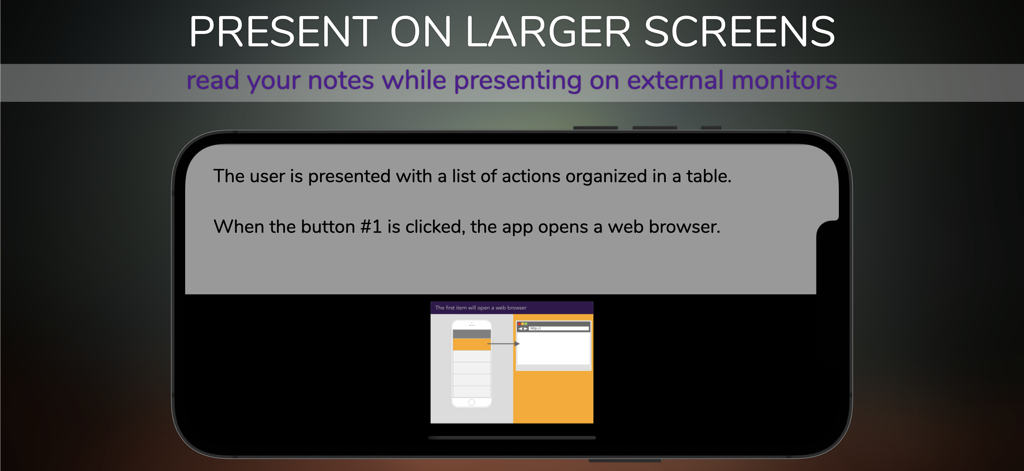 Designs+ for UI Design - Mobile app interface showing presentation notes for UI design schemas on external screens.
