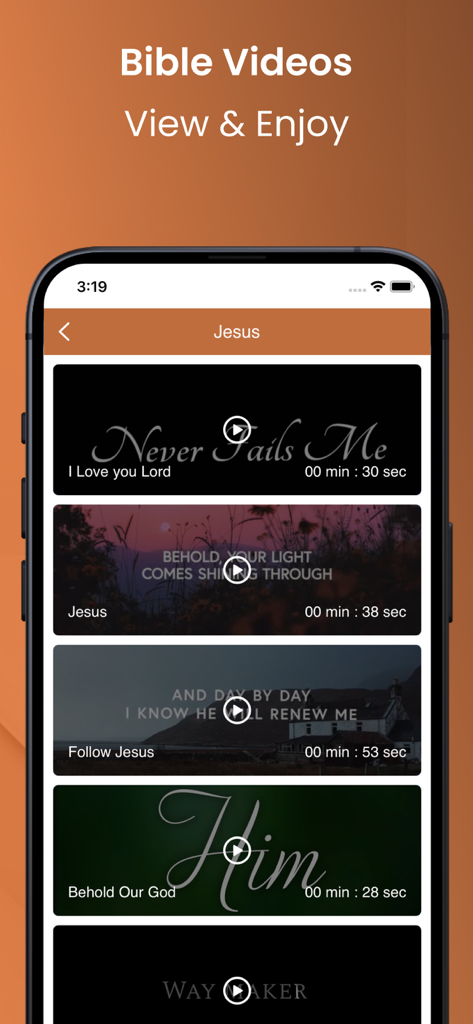 La Santa Biblia Católica. - The Bible Videos interface within the La Santa Biblia Catolica app showing a list of inspirational short videos about Jesus.