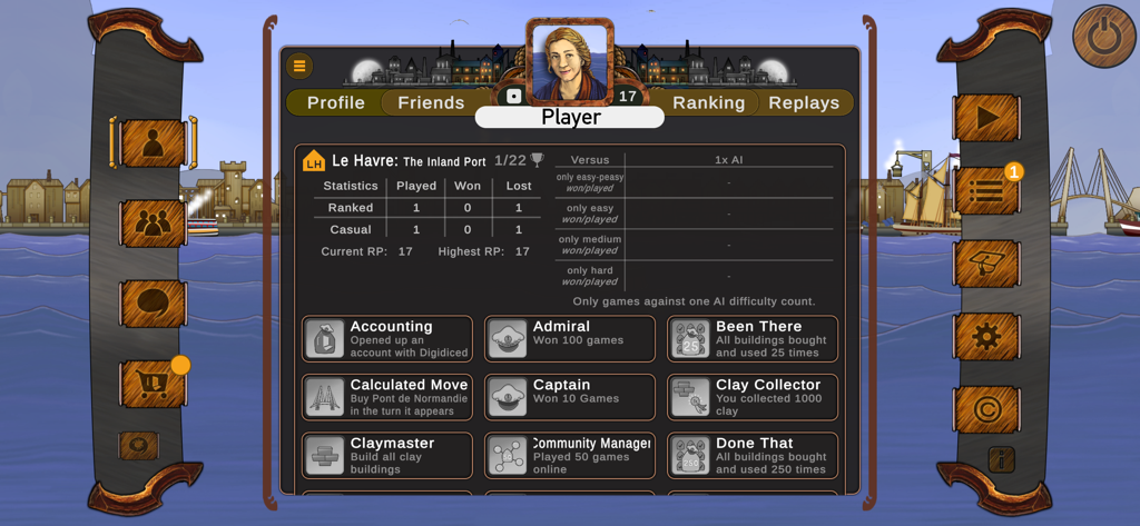 Player profile screen in Le Havre The Inland Port showing game statistics and achievements.