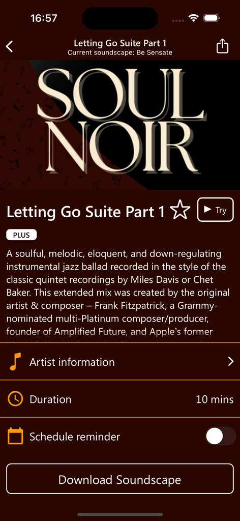 Sensate: Stress/Anxiety Relief - Sensate App-Bildschirm, der die Detailseite der Soul Noir Jazz-Klanglandschaft mit Dauer- und Künstlerinformationen anzeigt