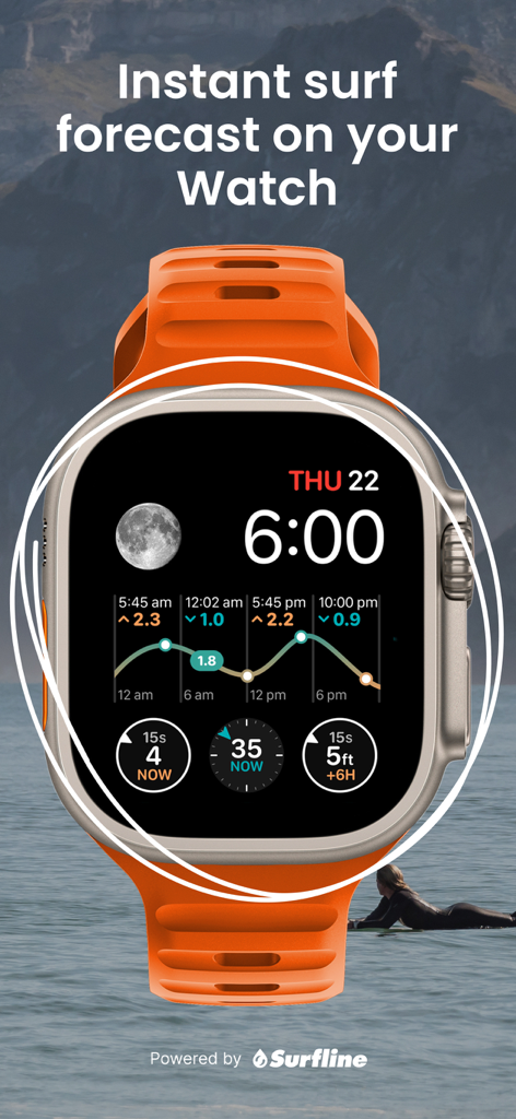 Dawn Patrol app interface on an Apple Watch showing tide graphs and wave height data over a surf background