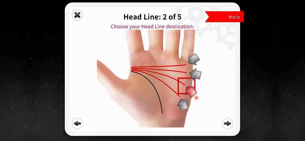 Palm Reading Premium - Una captura de pantalla de la aplicación Palm Reading Premium mostrando una mano con varias opciones de línea roja para que el usuario seleccione el destino de su línea de la cabeza
