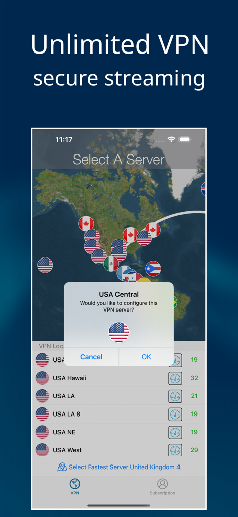Flow VPN: Fast Secure VPN - Interface de l'application Flow VPN montrant une carte du monde avec des marqueurs de localisation de serveur et une fenêtre contextuelle de configuration pour un serveur central des États-Unis