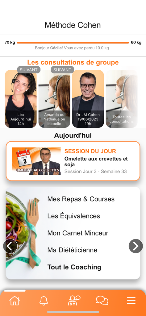 Méthode Cohen - Tableau de bord de l'application Méthode Cohen présentant la progression de la perte de poids et les séances de coaching diététique