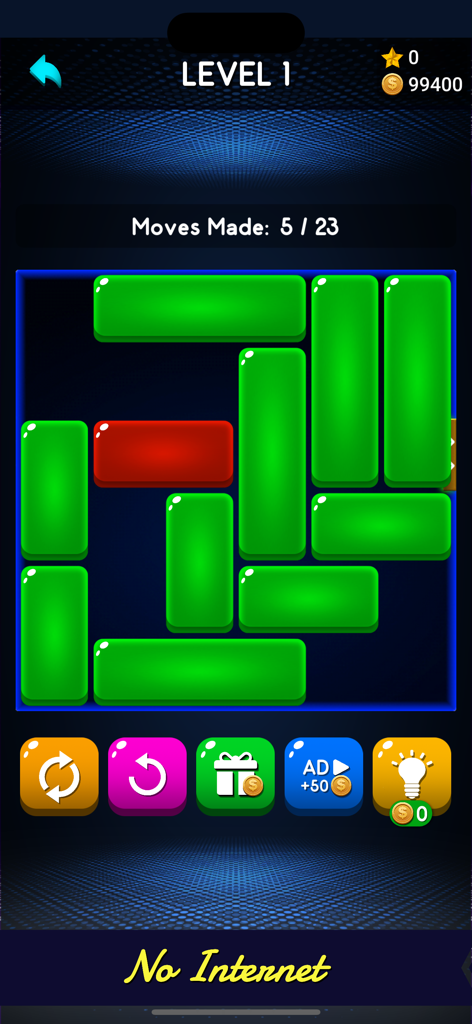 Q Block: Unblock Puzzle Board - Captura de tela do jogo Q Block Quebra-cabeça de Blocos Deslizantes mostrando o nível 1 com blocos verdes e um bloco vermelho alvo