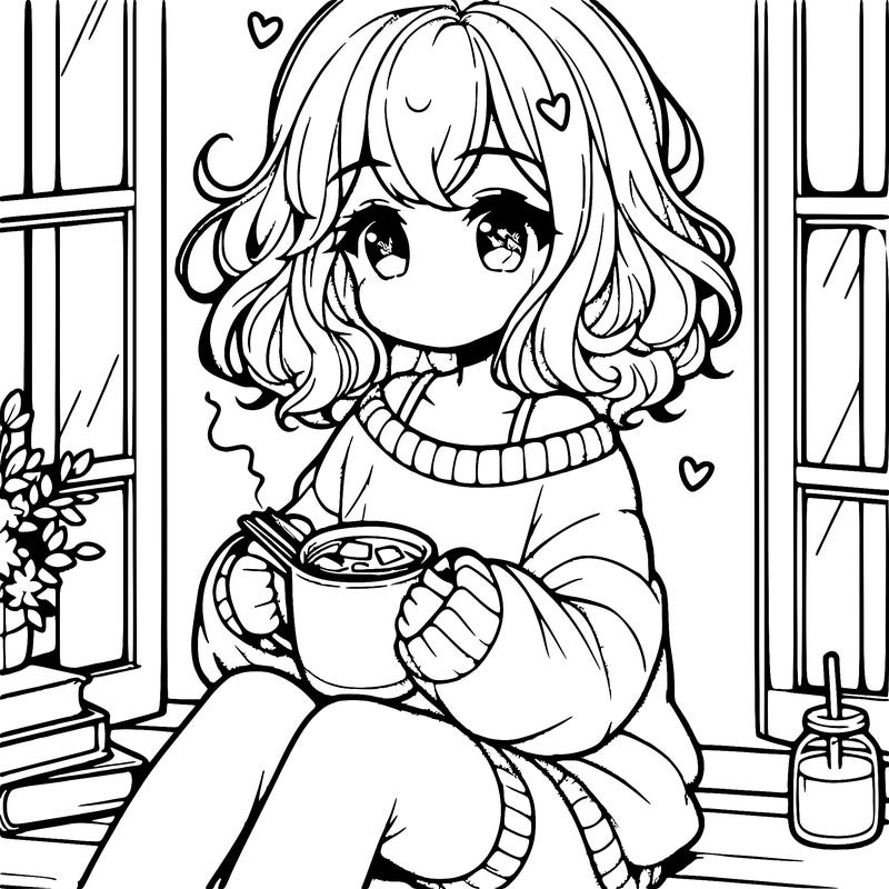 cute anime girl reading book and drinking hot chocolate from mug with loose wavy hair wearing a baggy sweatshirt and shorts sitting by windowsill looking out