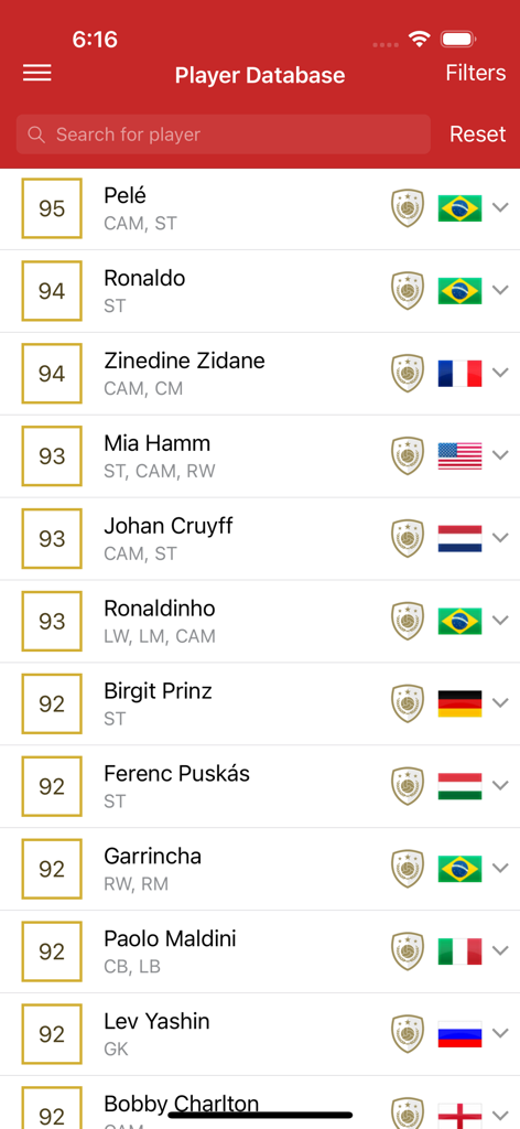 FC 25 Draft & Database | WeFUT - Tela do aplicativo móvel mostrando uma lista dos melhores ícones de futebol no banco de dados de jogadores do FC 25, incluindo Pelé e Ronaldo