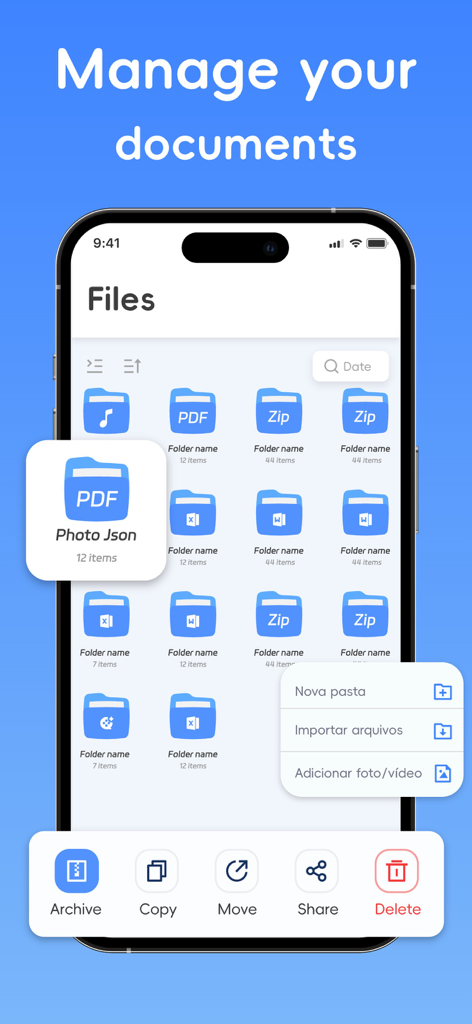 Interfaccia dell'app iPhone per la gestione di documenti ed estrazione di file zip rar 7z
