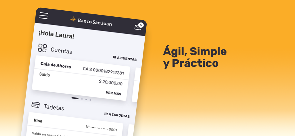 APP Banco San Juan - Écran d'accueil de l'application Banco San Juan affichant le solde du compte et les informations de la carte